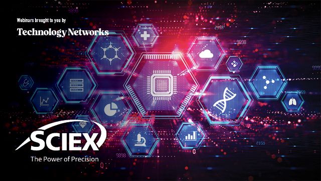 Hexagons with icons including a microscope, a graph, a cloud and a DNA helix, alongside the SCIEX logo. 