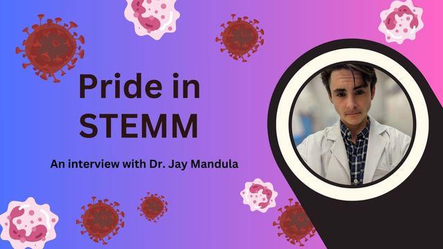 An image of Dr. Jay Mandula next to cancer cells and immune cells. 