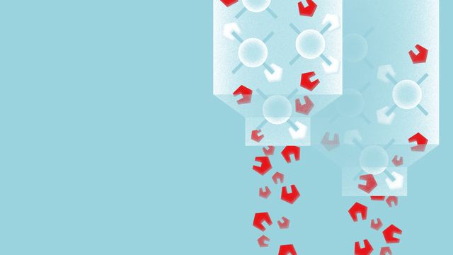 Illustration with red hexagonal structures, representing antibodies, falling out of white columns, on a light blue background 