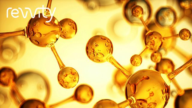 Gold-colored molecular structures fill the screen, with the Revvity logo in the top left corner. 