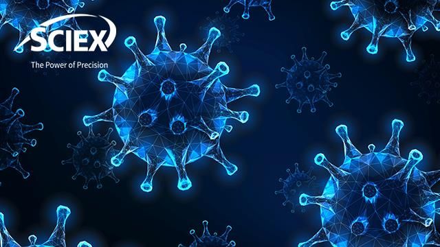 Viral particles in blue on a black background, with the SCIEX logo in the top corner. 